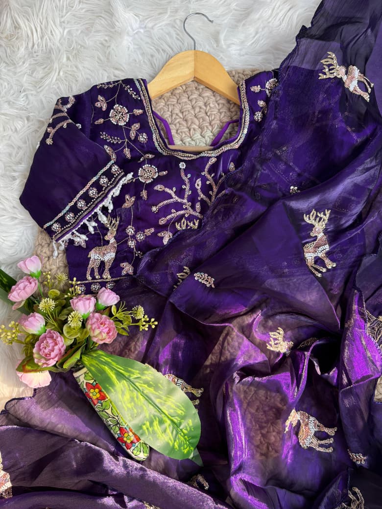 Space Silk Saree with Heavy Butta Embroidery & Beads Work Tone-to-Tone Aari Work
