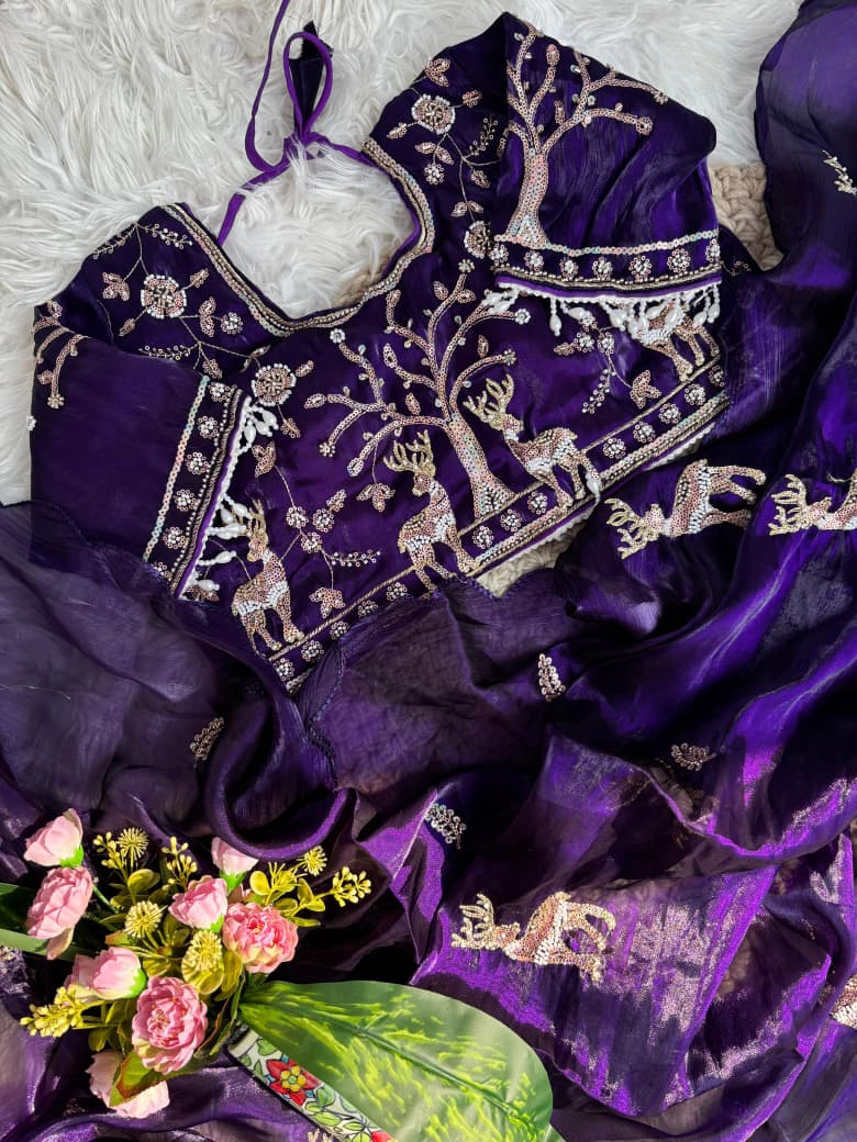 Space Silk Saree with Heavy Butta Embroidery & Beads Work Tone-to-Tone Aari Work