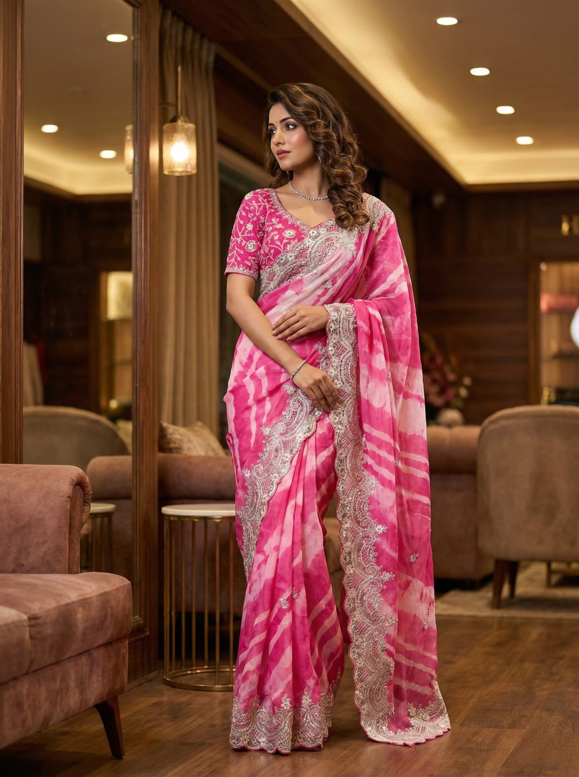 Pure Soft Rangoli Silk Saree with Lehariya Digital Print & Heavy Embroidery Border