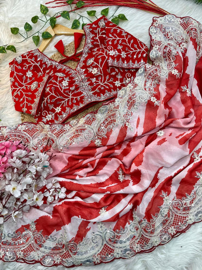 Pure Soft Rangoli Silk Saree with Lehariya Digital Print & Heavy Embroidery Border