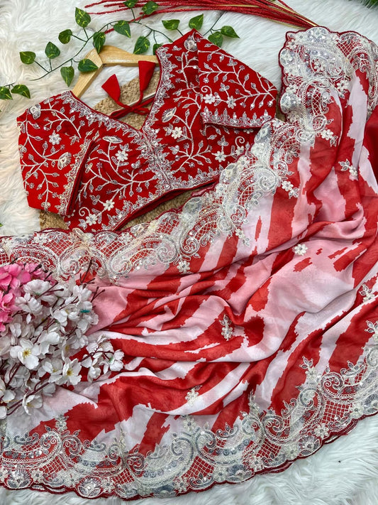 Pure Soft Rangoli Silk Saree with Lehariya Digital Print & Heavy Embroidery Border