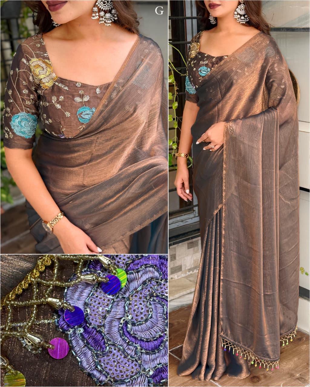 GenZ Fandy Chiffon Saree with Hanging Sequin Beads Tassel Pallu