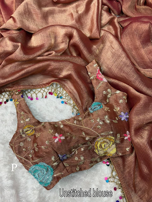 GenZ Fandy Chiffon Saree with Hanging Sequin Beads Tassel Pallu