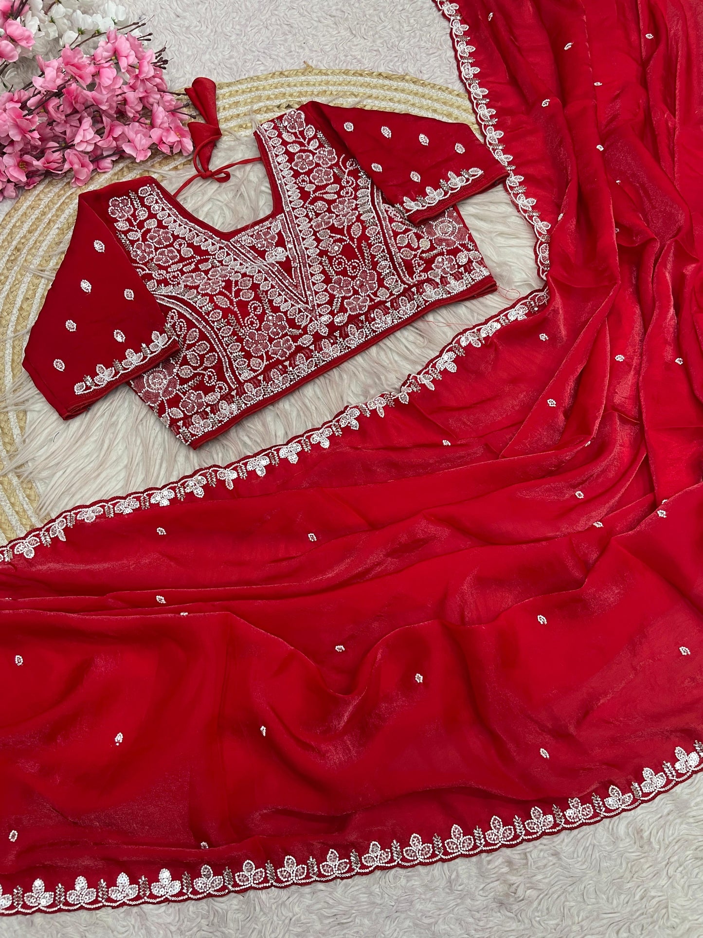 Fandy Satin Saree with Sequin Brits C-Pallu Work & All Over Aari Border