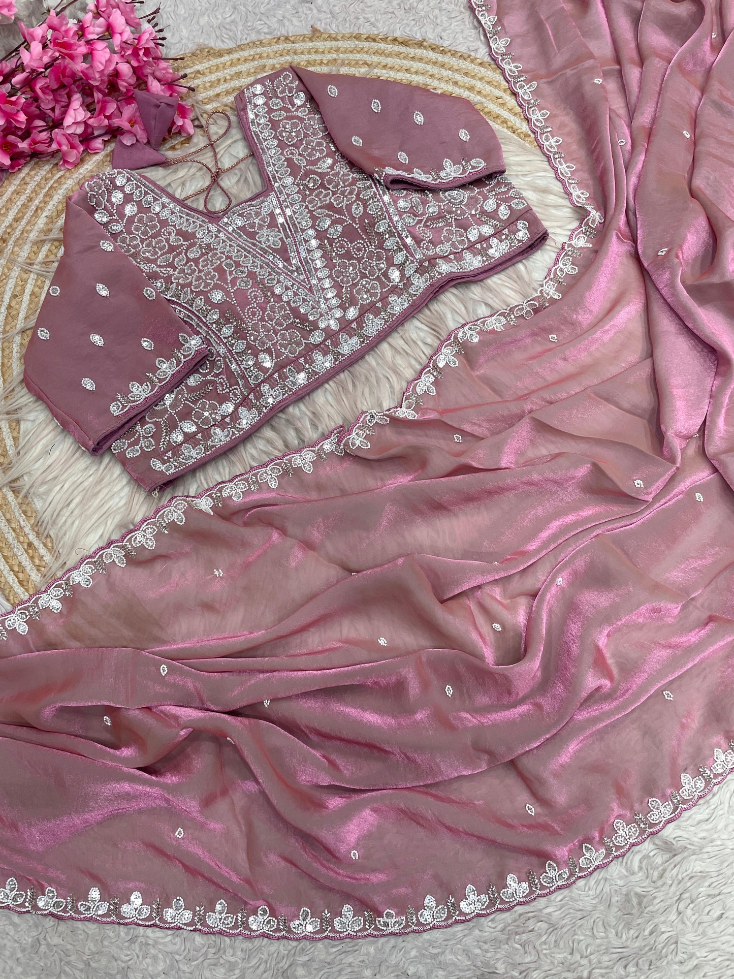 Fandy Satin Saree with Sequin Brits C-Pallu Work & All Over Aari Border