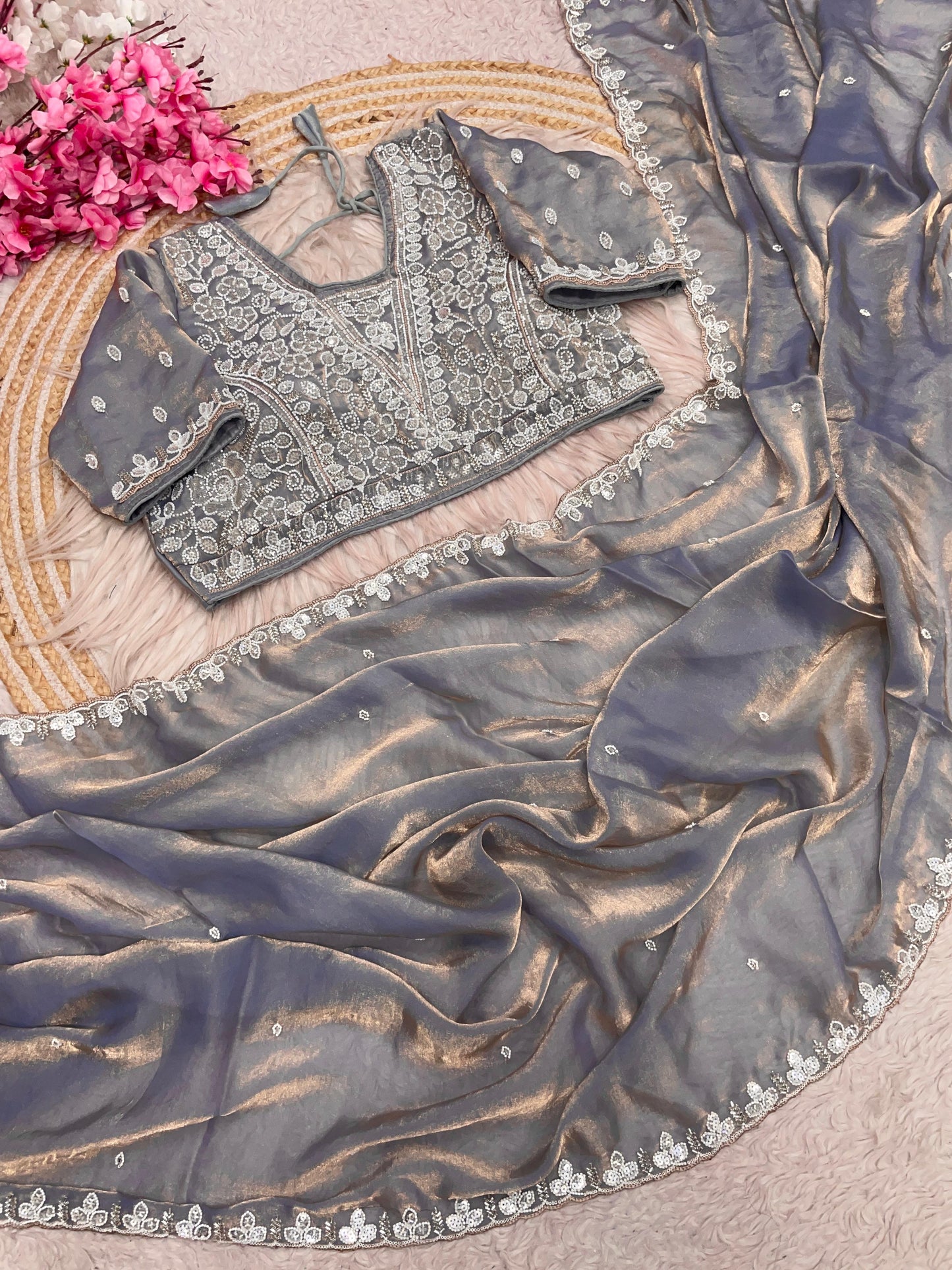 Fandy Satin Saree with Sequin Brits C-Pallu Work & All Over Aari Border