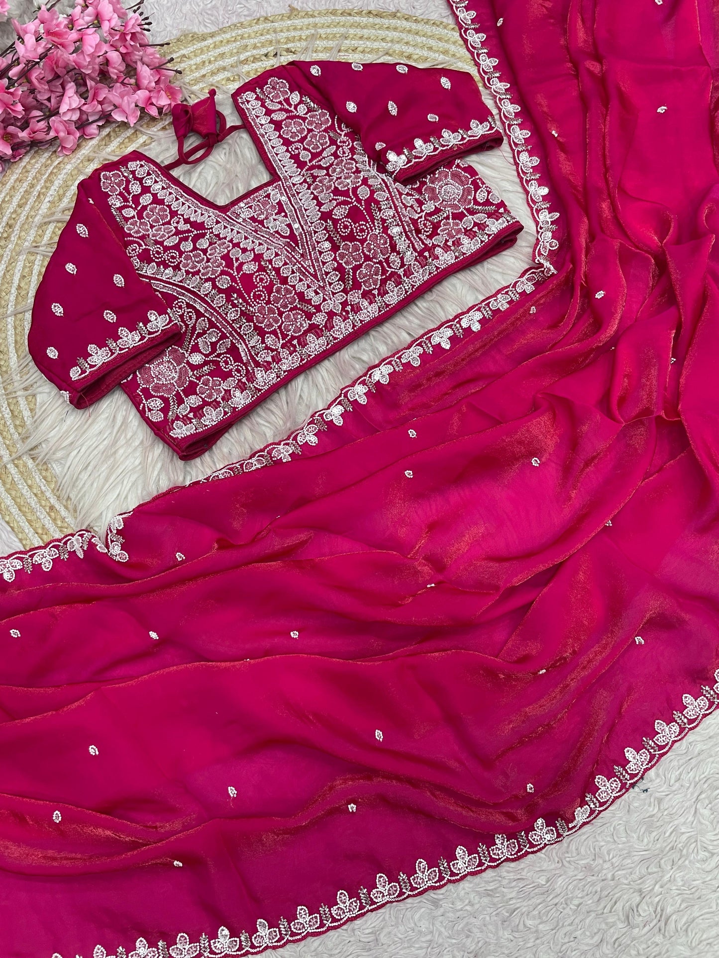 Fandy Satin Saree with Sequin Brits C-Pallu Work & All Over Aari Border
