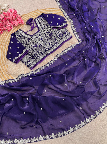 Fandy Satin Saree with Sequin Brits C-Pallu Work & All Over Aari Border