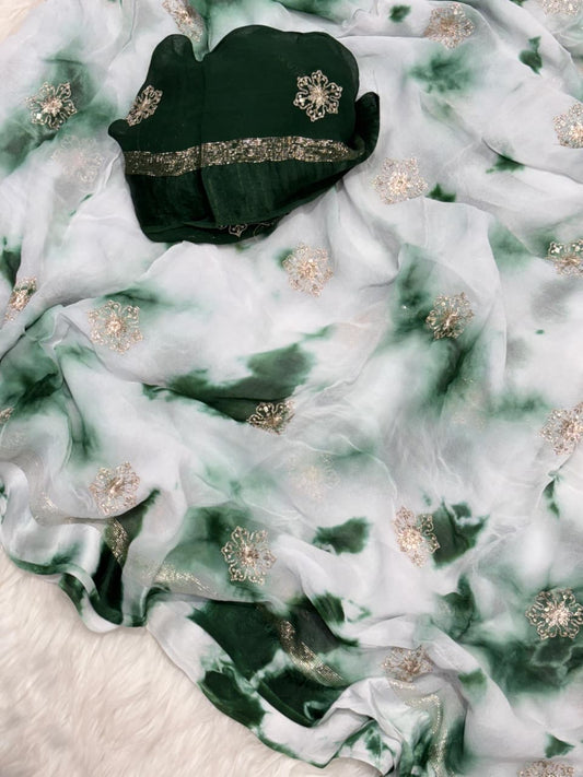Pure Viscose Satin Patta Saree with Shibori Print Dyeing & 3MM Sequin Silver Zari Buta