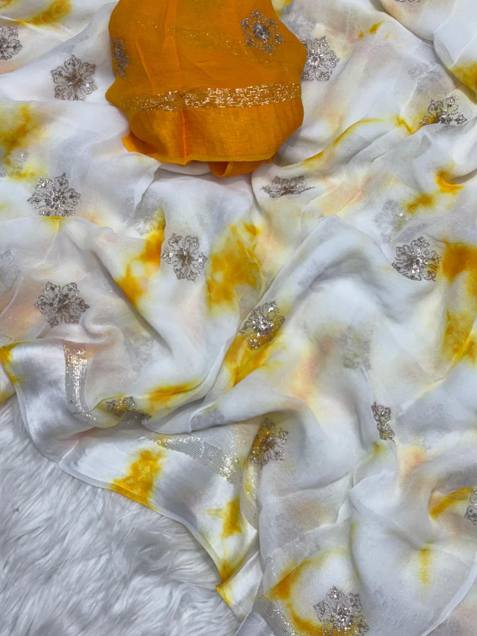 Pure Viscose Satin Patta Saree with Shibori Print Dyeing & 3MM Sequin Silver Zari Buta