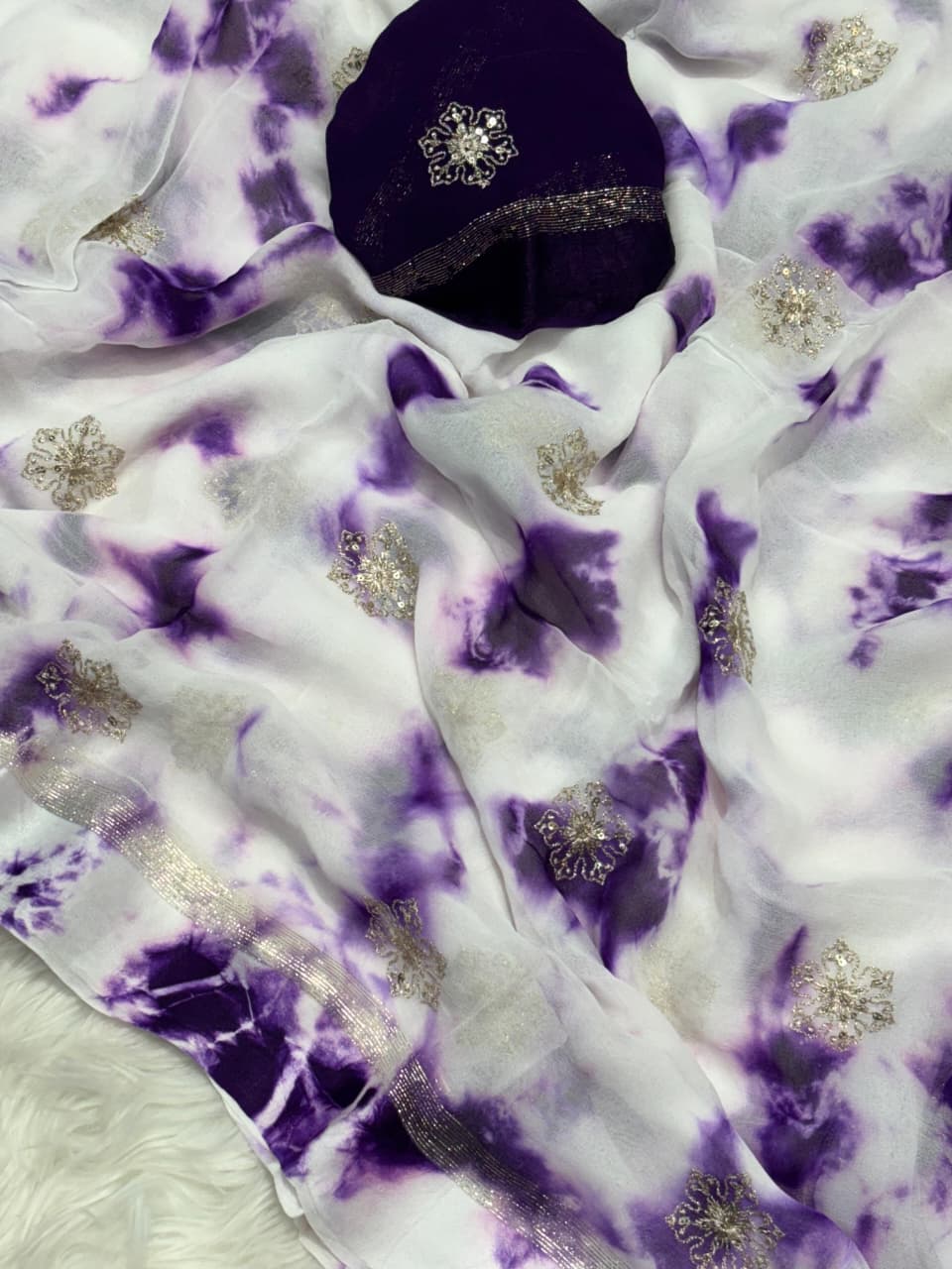 Pure Viscose Satin Patta Saree with Shibori Print Dyeing & 3MM Sequin Silver Zari Buta