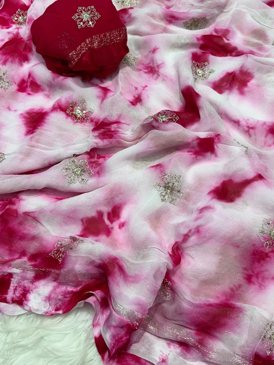 Pure Viscose Satin Patta Saree with Shibori Print Dyeing & 3MM Sequin Silver Zari Buta