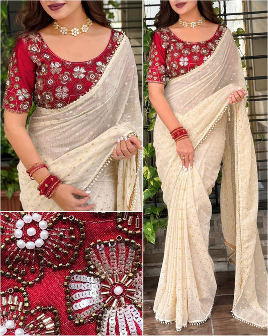 Cruchy Georgette Saree with Dual Gold & Silver Zari Weaving Butti