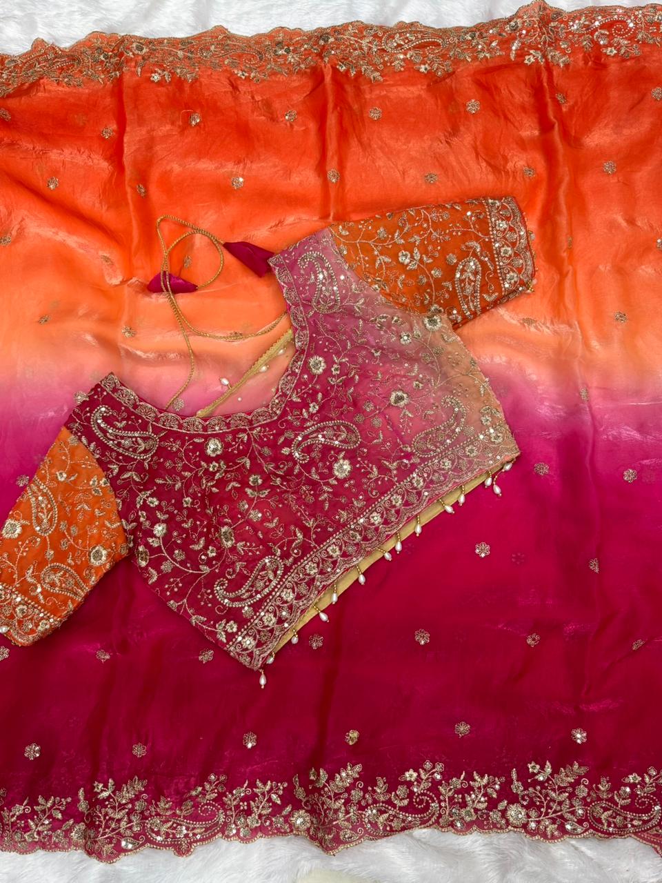 Premium Designer Fendy Satin Saree with Heavy Embroidery Sequence Work