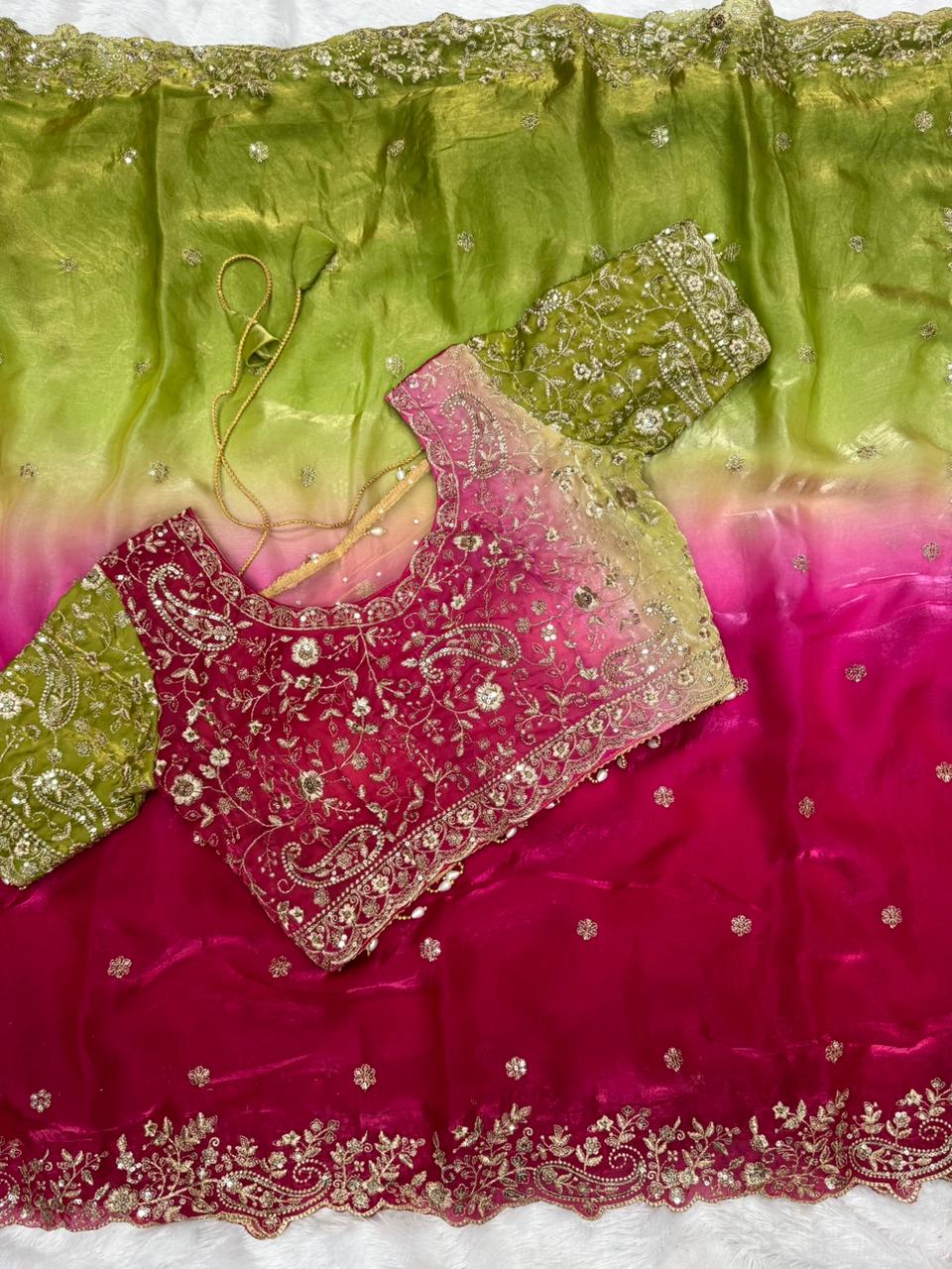 Premium Designer Fendy Satin Saree with Heavy Embroidery Sequence Work