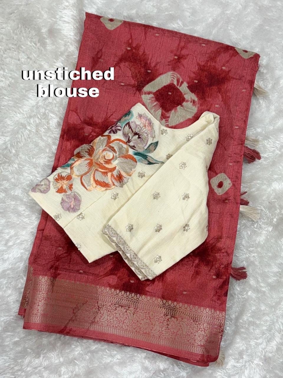 Premium Shibori Art Viscose Cotton Saree with Designer Embroidered Blouse