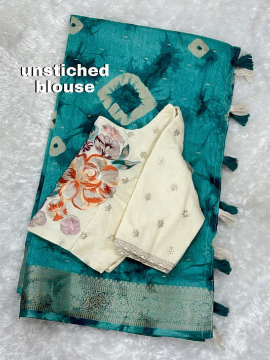 Premium Shibori Art Viscose Cotton Saree with Designer Embroidered Blouse