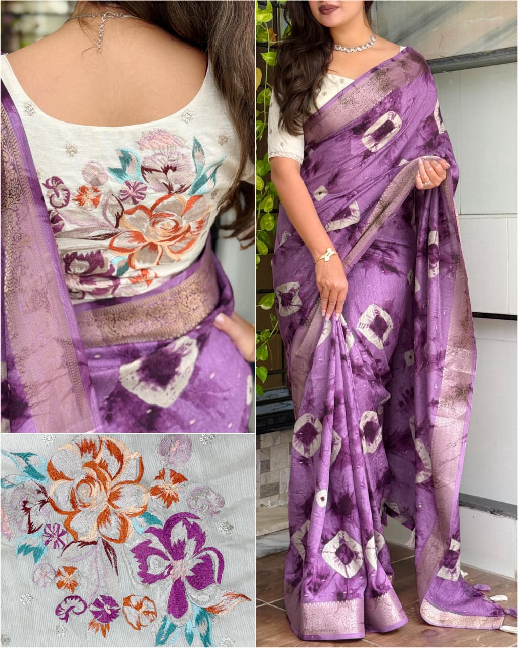 Premium Shibori Art Viscose Cotton Saree with Designer Embroidered Blouse