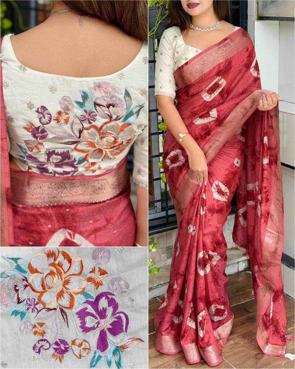 Premium Shibori Art Viscose Cotton Saree with Designer Embroidered Blouse