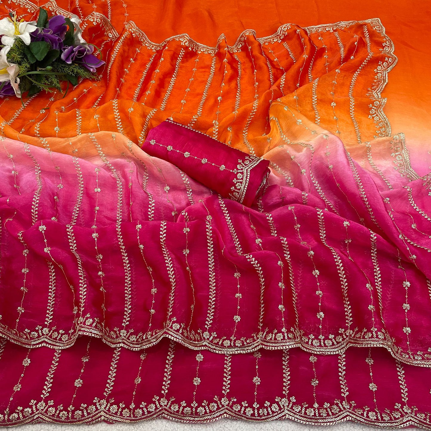 Premium Fendy Satin Padding Saree with Embroidered Blouse