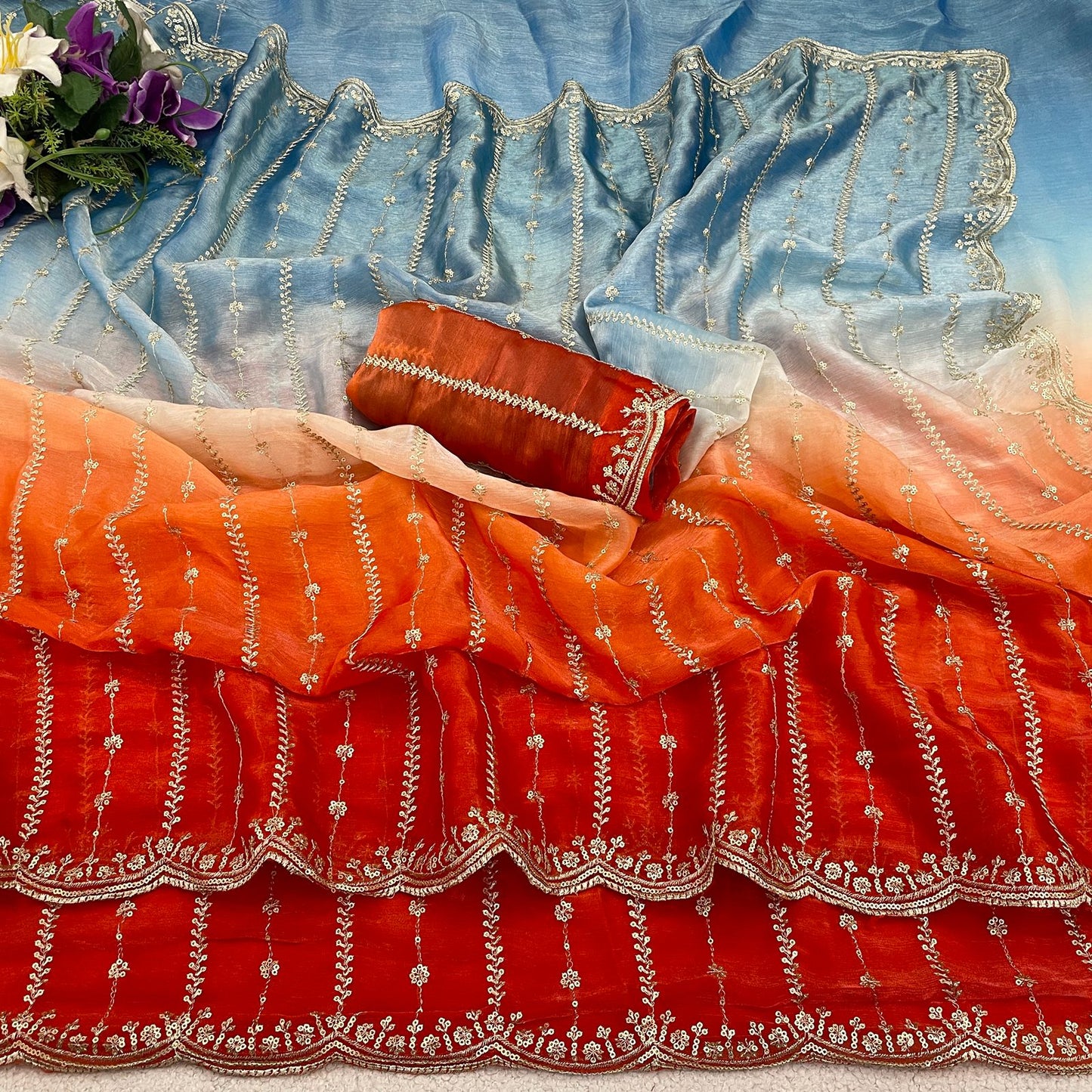Premium Fendy Satin Padding Saree with Embroidered Blouse