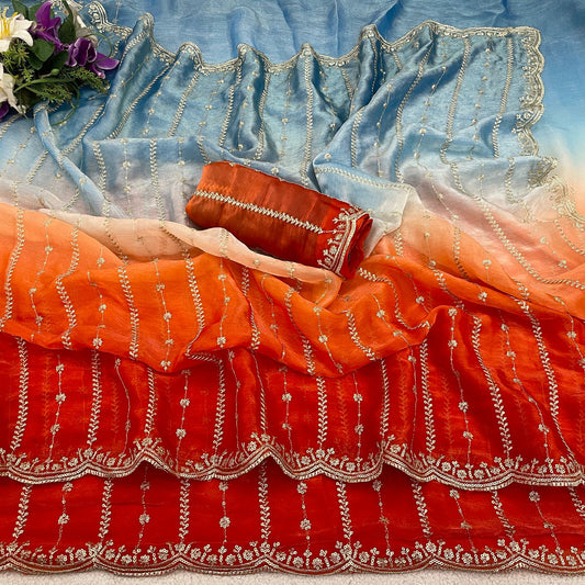 Premium Fendy Satin Padding Saree with Embroidered Blouse