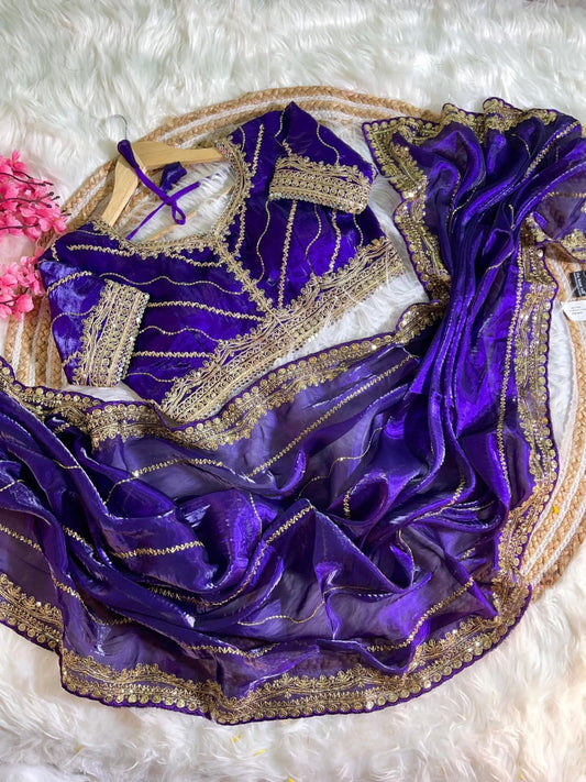 Premium Zimmy Choo Silk Saree with Heavy Sequence Embroidery & Stitched Blouse