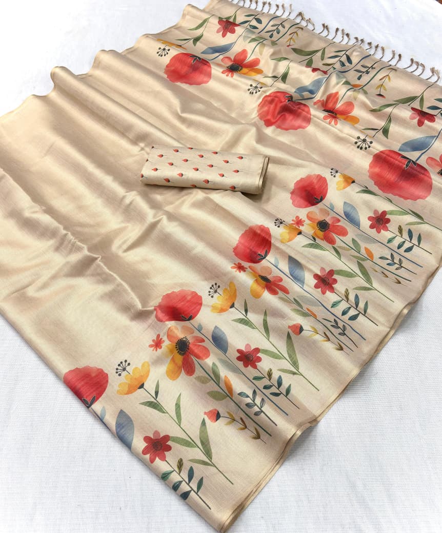 Premium Swarna Silk Saree with Digital Print & Tassel Pallu
