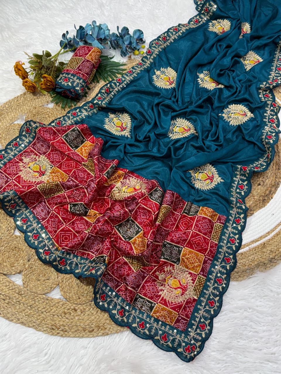 Premium Soft Chinnon Silk Embroidered Saree with Muslin Blouse