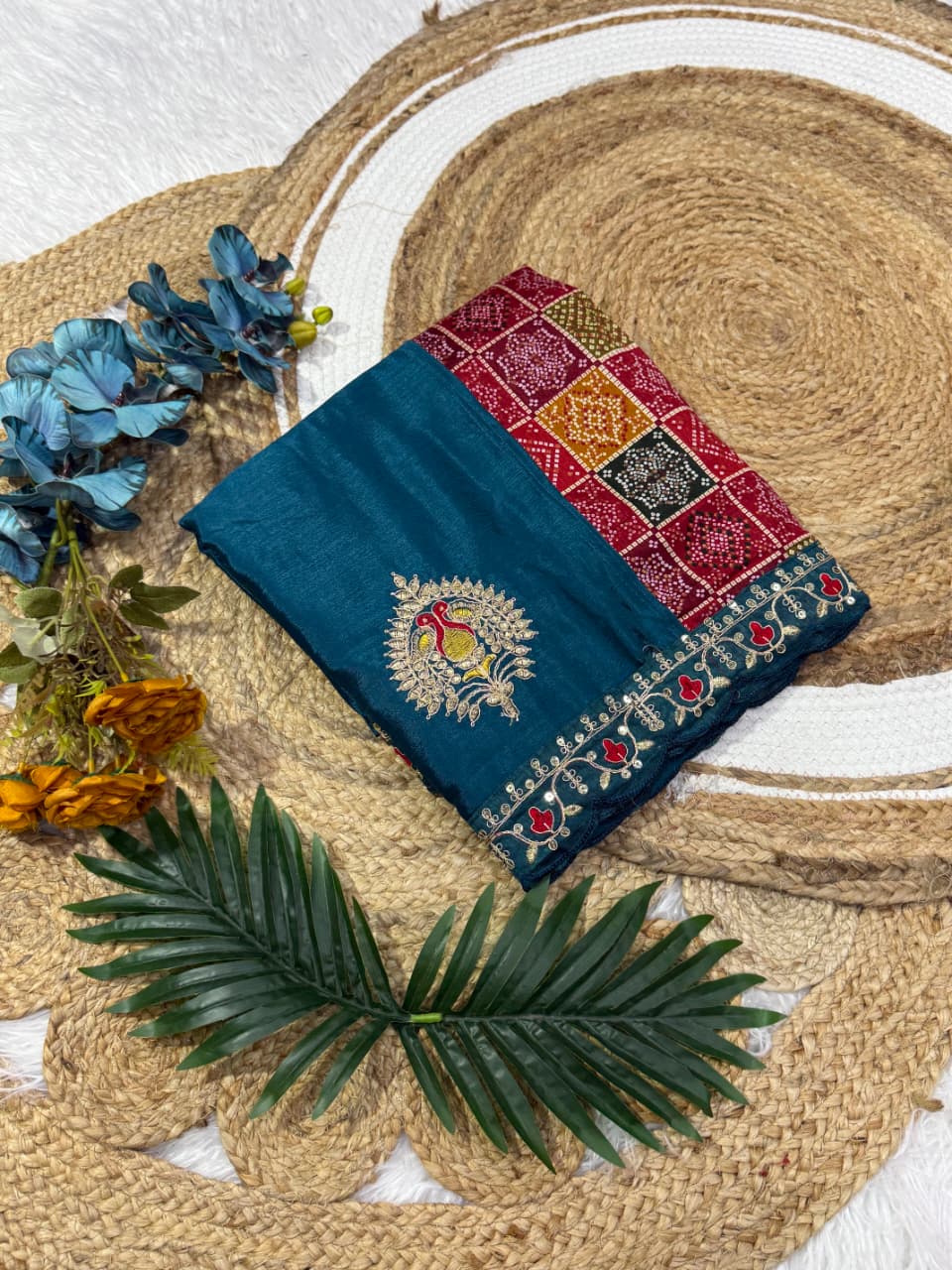 Premium Soft Chinnon Silk Embroidered Saree with Muslin Blouse