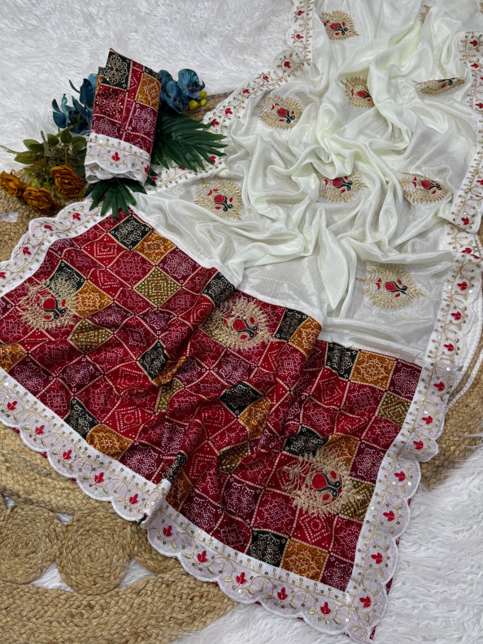 Premium Soft Chinnon Silk Embroidered Saree with Muslin Blouse