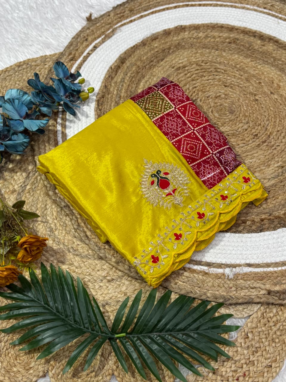 Premium Soft Chinnon Silk Embroidered Saree with Muslin Blouse