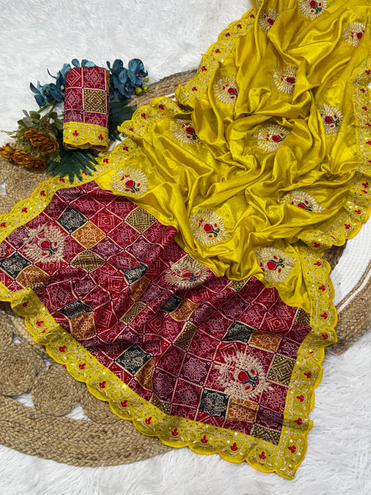 Premium Soft Chinnon Silk Embroidered Saree with Muslin Blouse