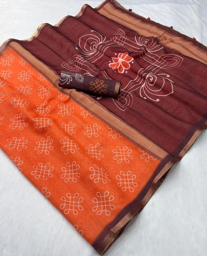 Premium Linen Zari Copper Digital Print Saree with Tassel Pallu