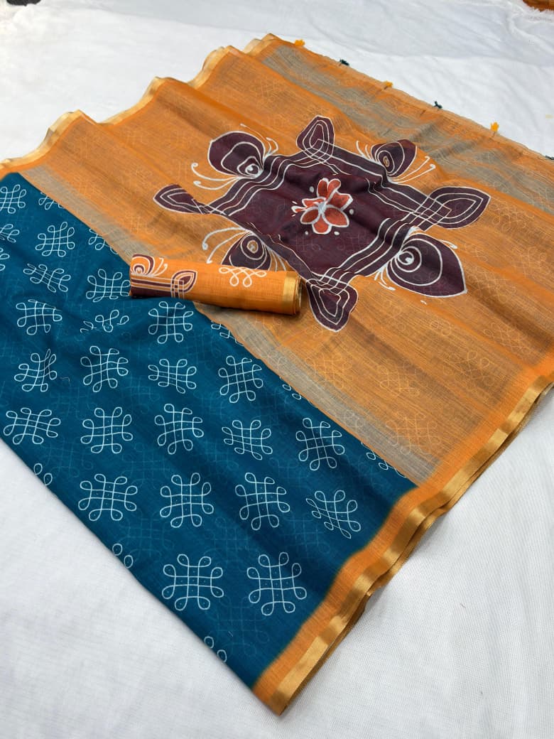 Premium Linen Zari Copper Digital Print Saree with Tassel Pallu
