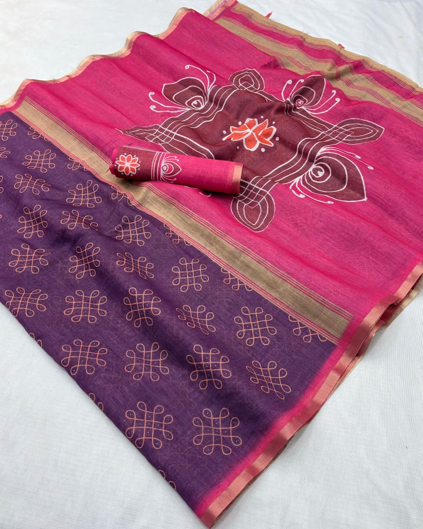 Premium Linen Zari Copper Digital Print Saree with Tassel Pallu