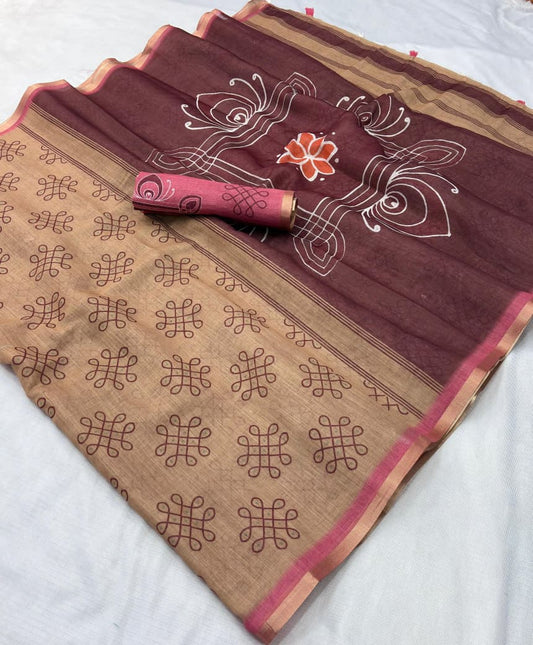 Premium Linen Zari Copper Digital Print Saree with Tassel Pallu