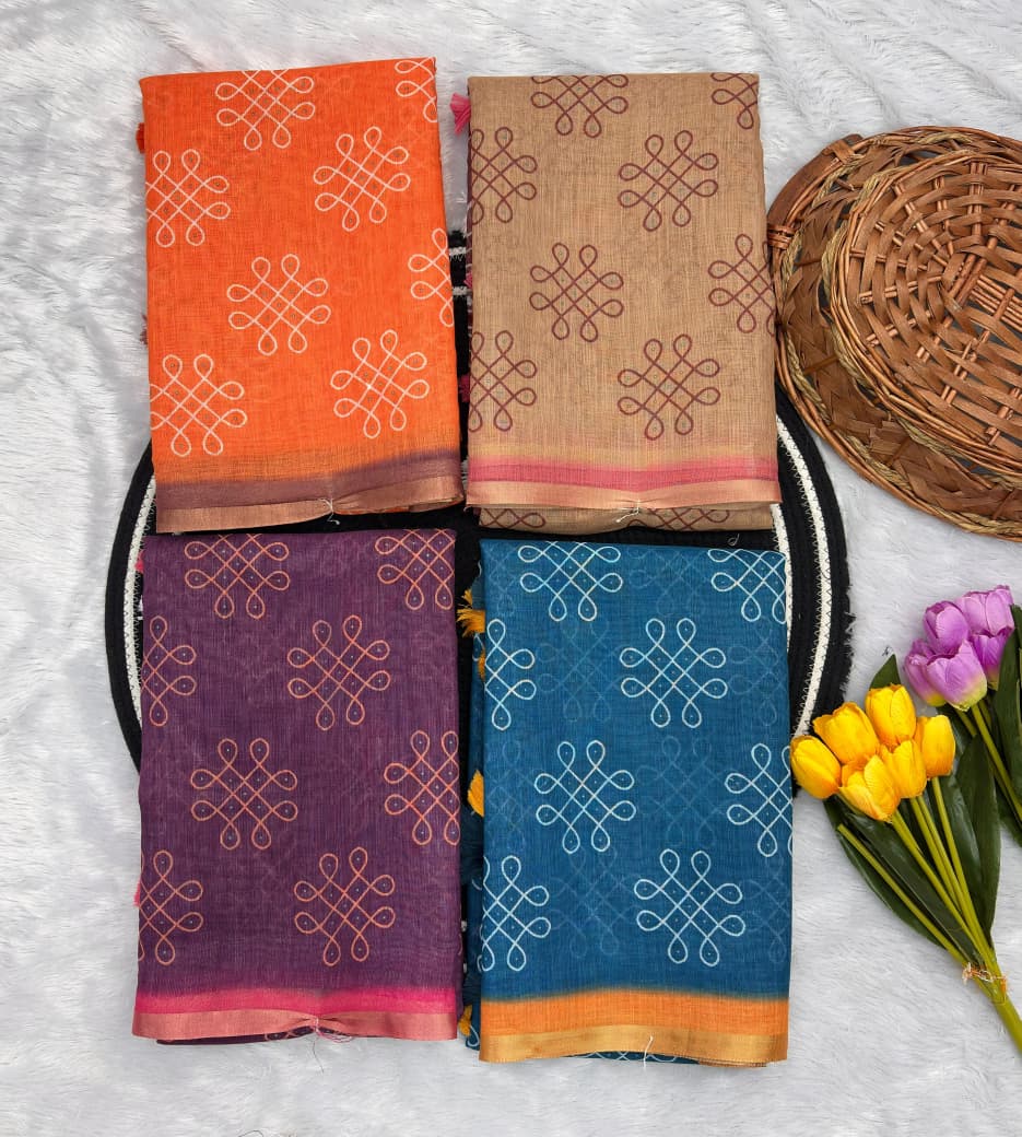 Premium Linen Zari Copper Digital Print Saree with Tassel Pallu