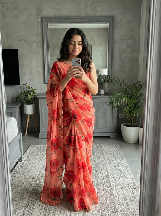 Premium Soft Teby Silk Digital Print Saree with Cutdana Work Border