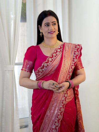 Rich Look Dola Silk Fabrics With Weaving Thread & Zari Work Saree