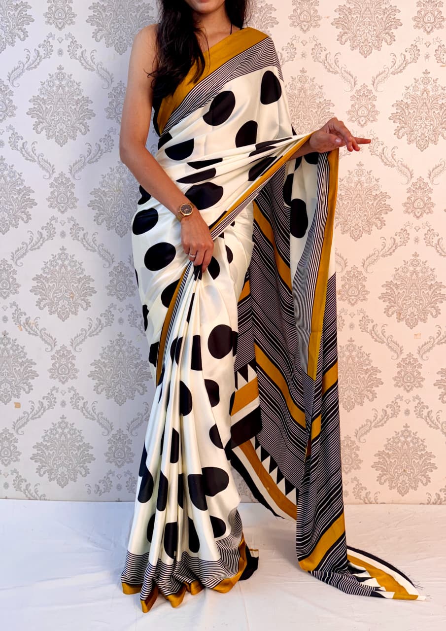 Premium Printed Japan Satin Saree with Matching Blouse Piece