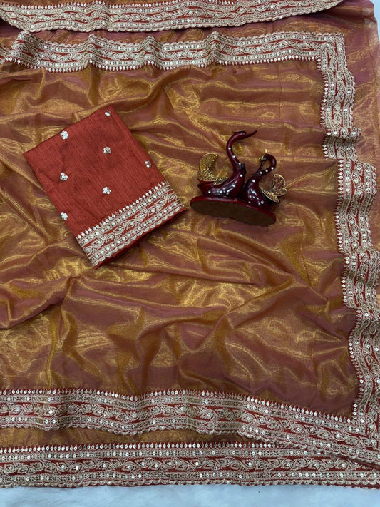 Soft NC Twill Saree With Beautiful Sequance and Dori Embroidery work