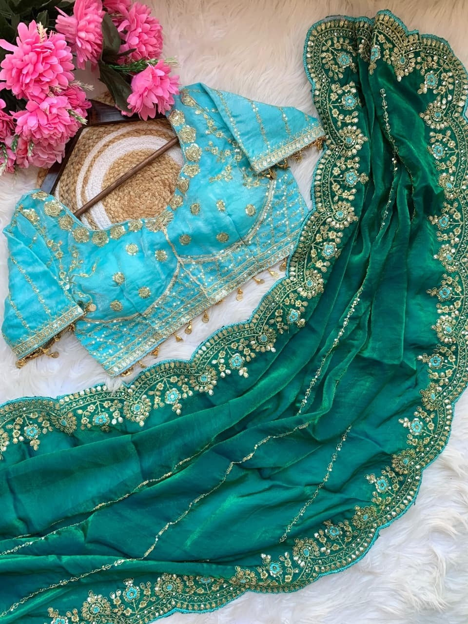 Soft And Elegant Fendy Sartin Fabric Saree With Beautiful Stiched Blouse
