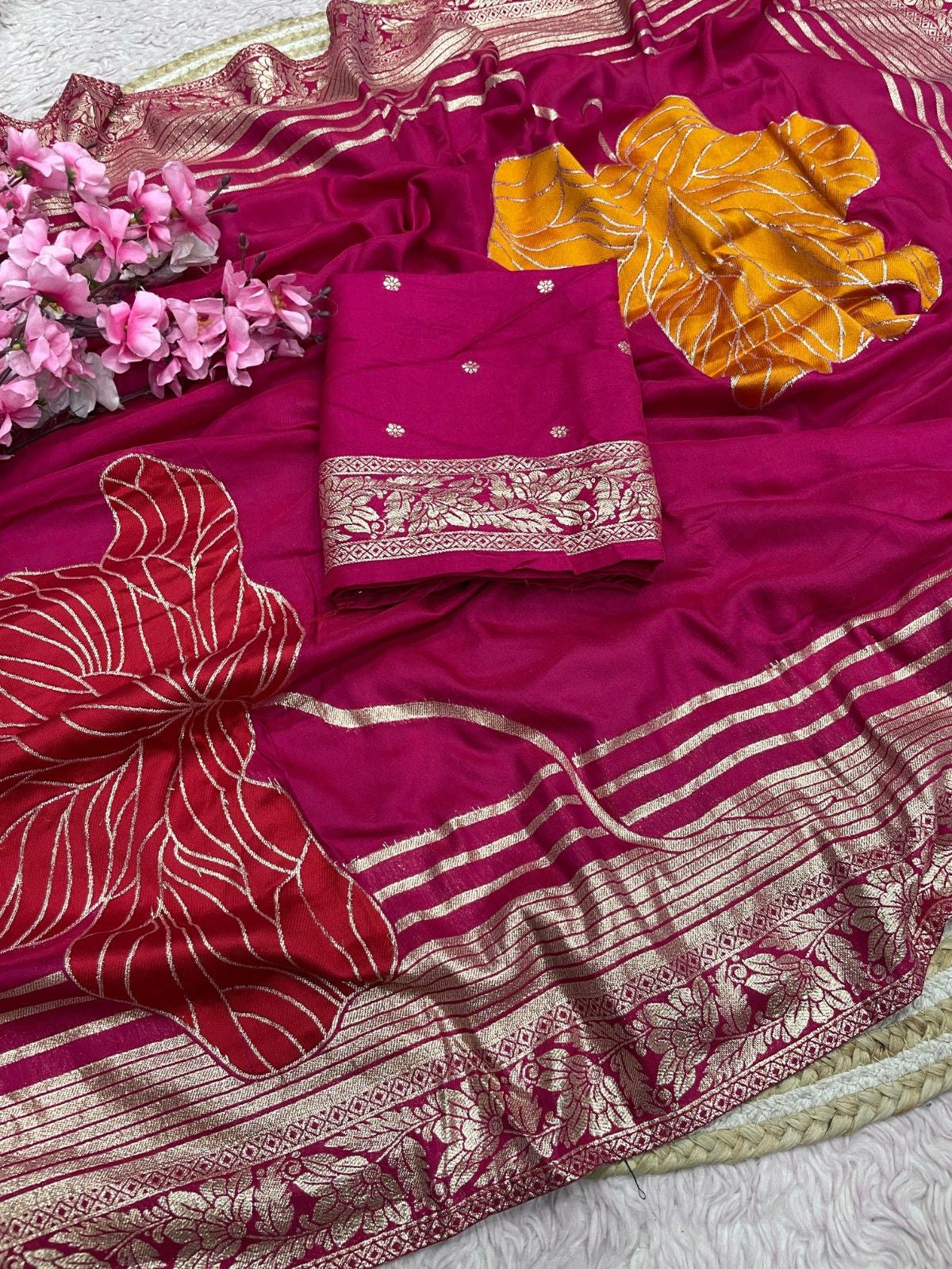 Celebrity Style Dola Silk Saree with Hand Dyeing & Elegant Tassels