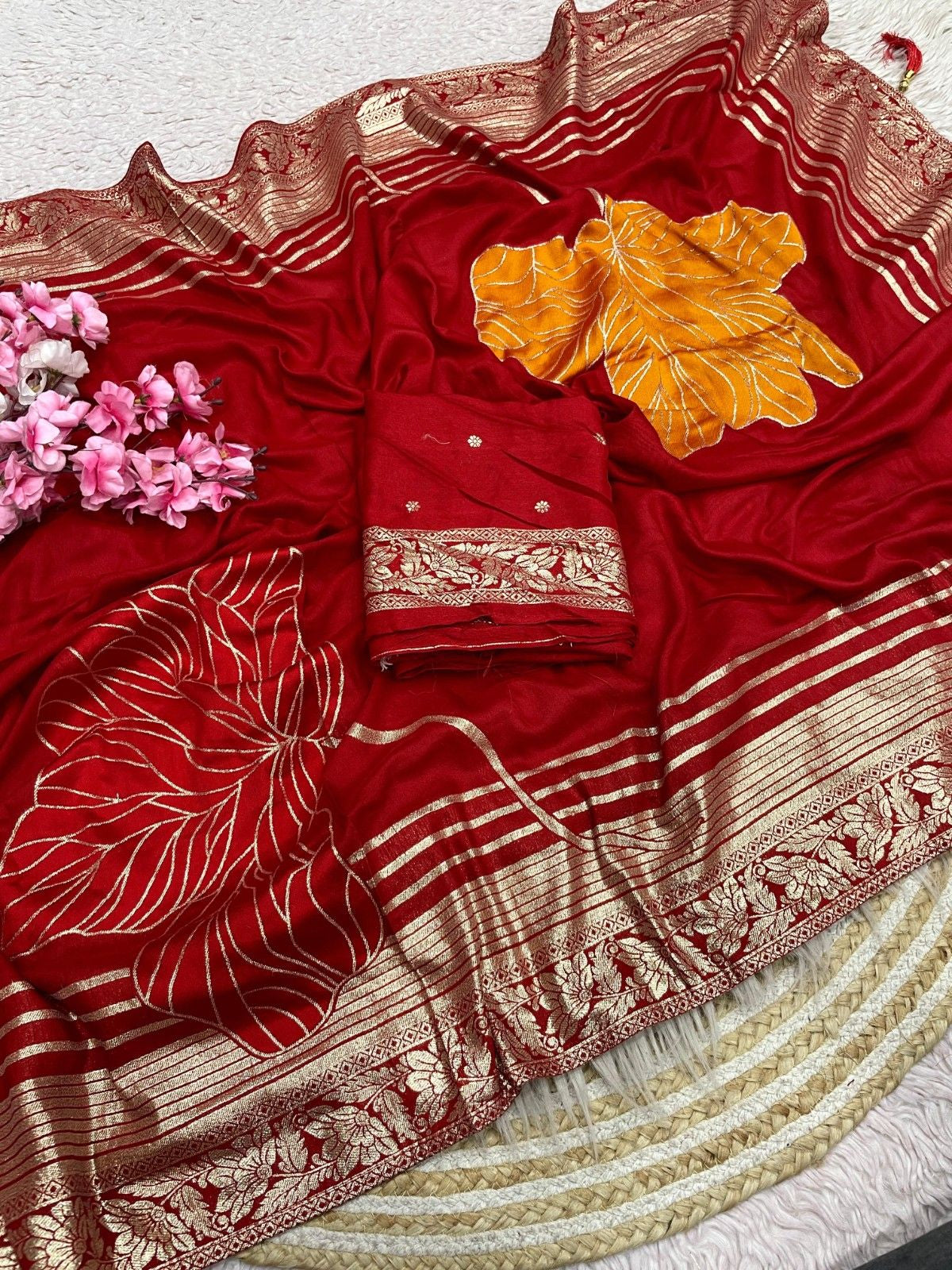 Celebrity Style Dola Silk Saree with Hand Dyeing & Elegant Tassels