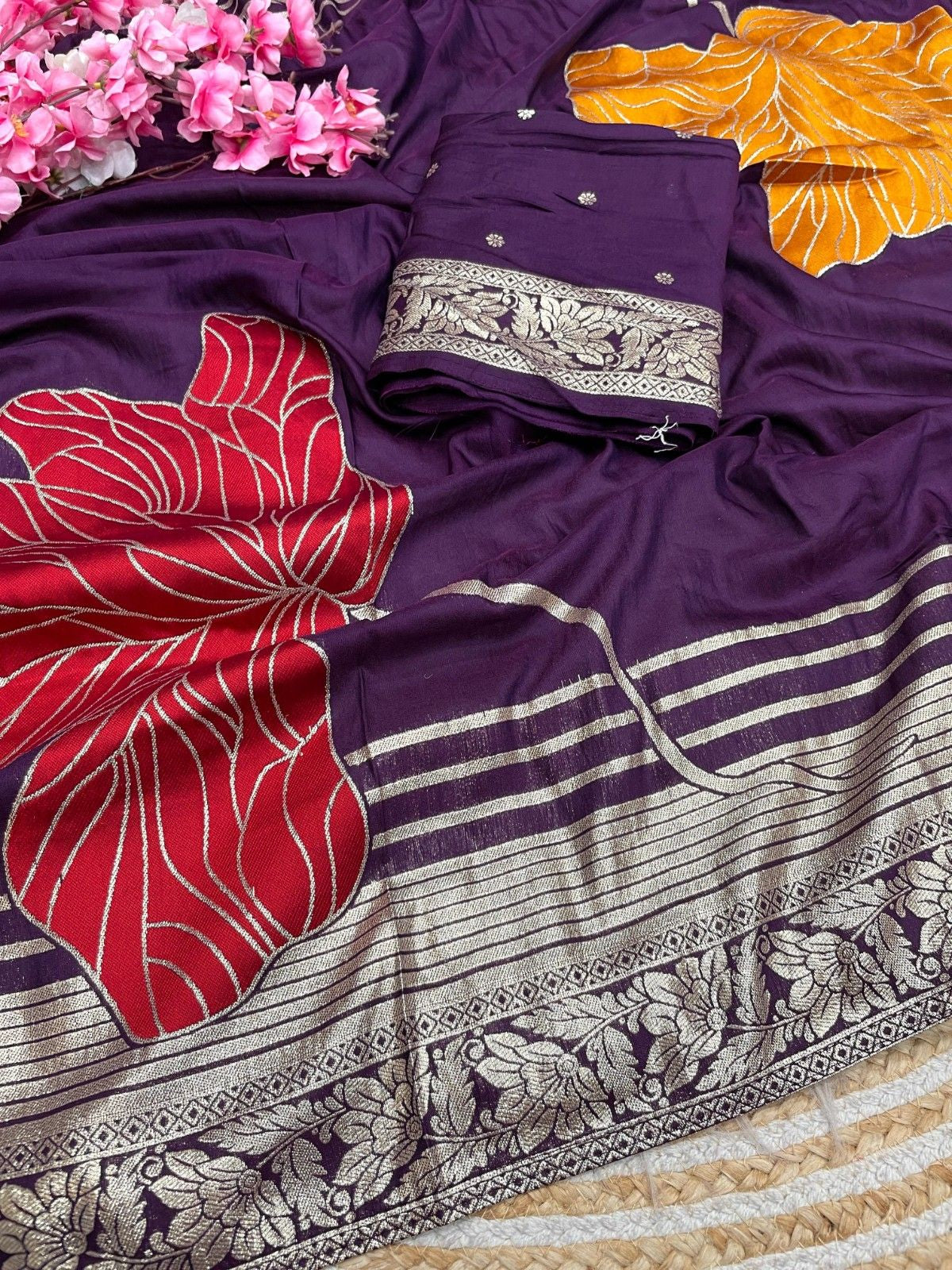 Celebrity Style Dola Silk Saree with Hand Dyeing & Elegant Tassels