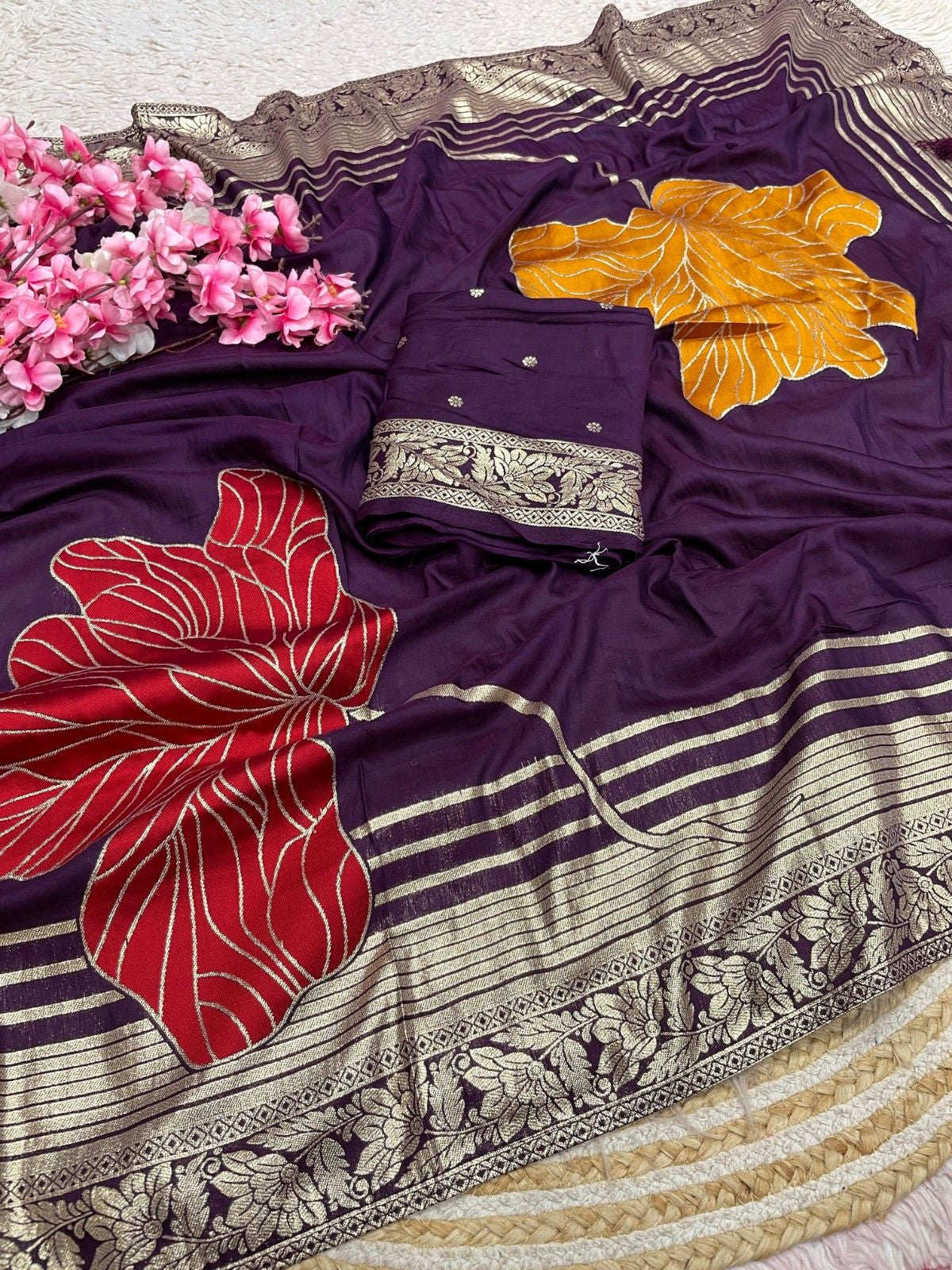 Celebrity Style Dola Silk Saree with Hand Dyeing & Elegant Tassels