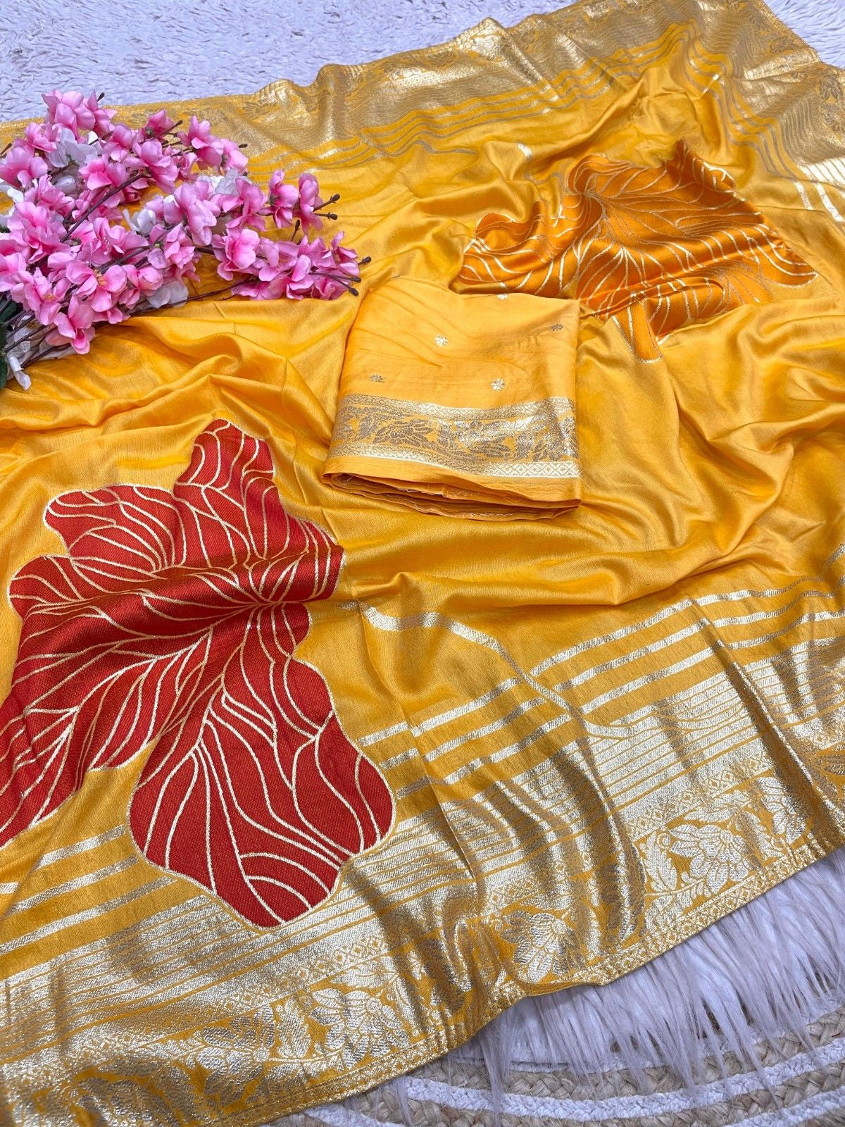 Celebrity Style Dola Silk Saree with Hand Dyeing & Elegant Tassels