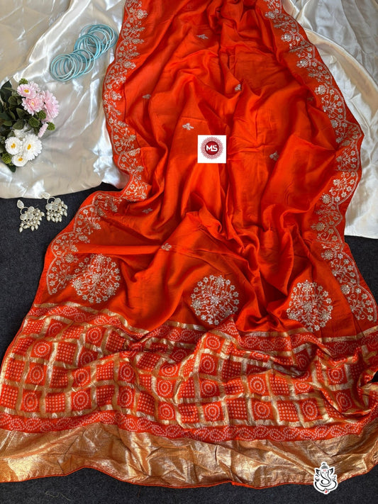 Elegant Bandhej Weaving Dolla Silk Saree with Attractive Pittha Work