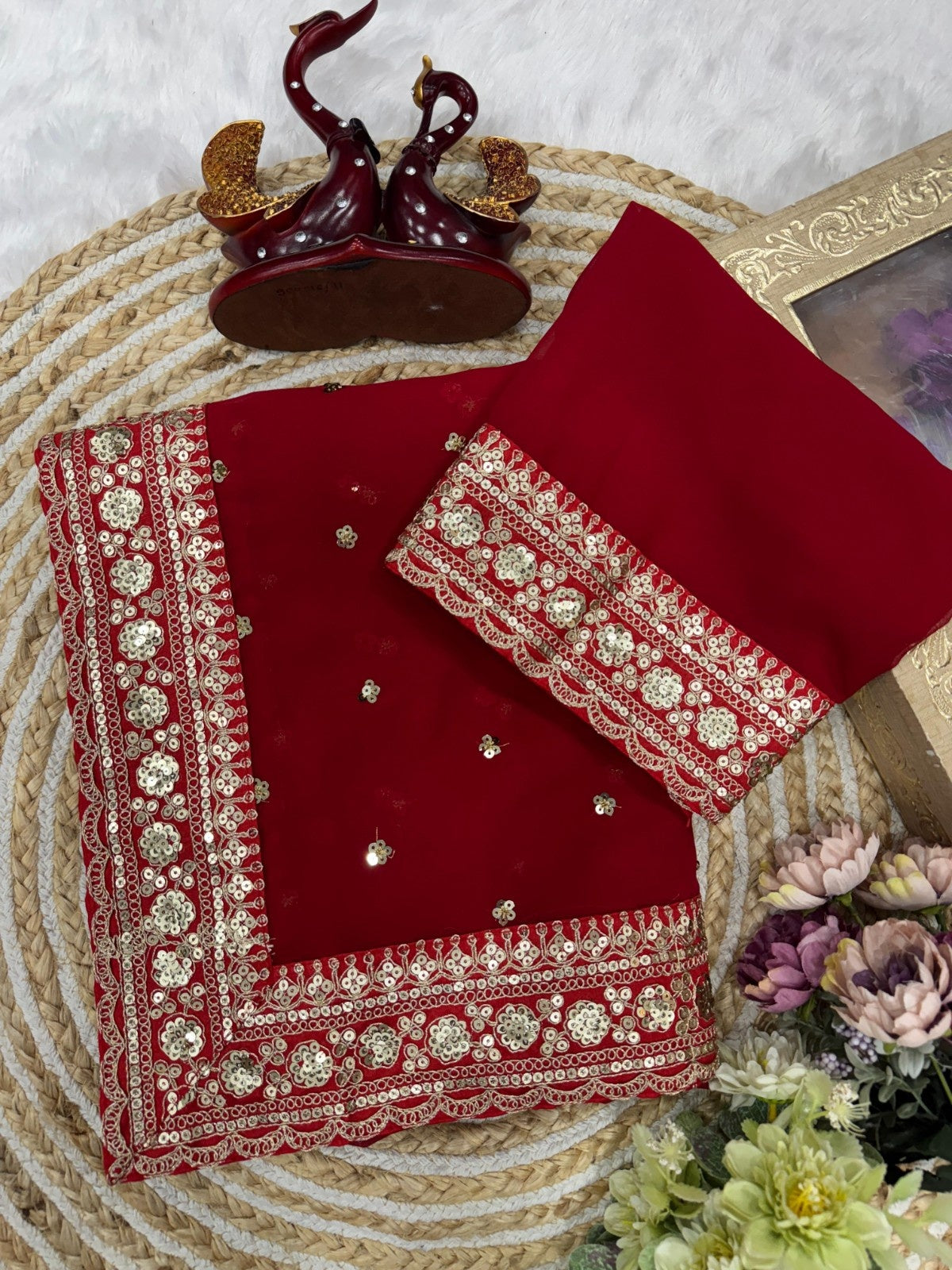 Designer Pure Georgette Saree with Sequins & Dori Embroidery Lace Border